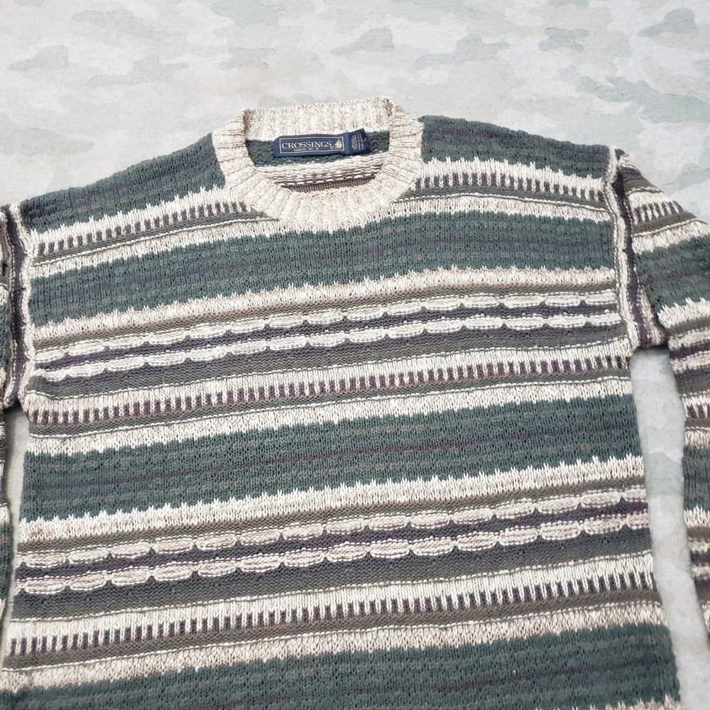 Vintage Crossings Sweater Mens Large Green Striped Pullover 3D Knit Grandpa Core